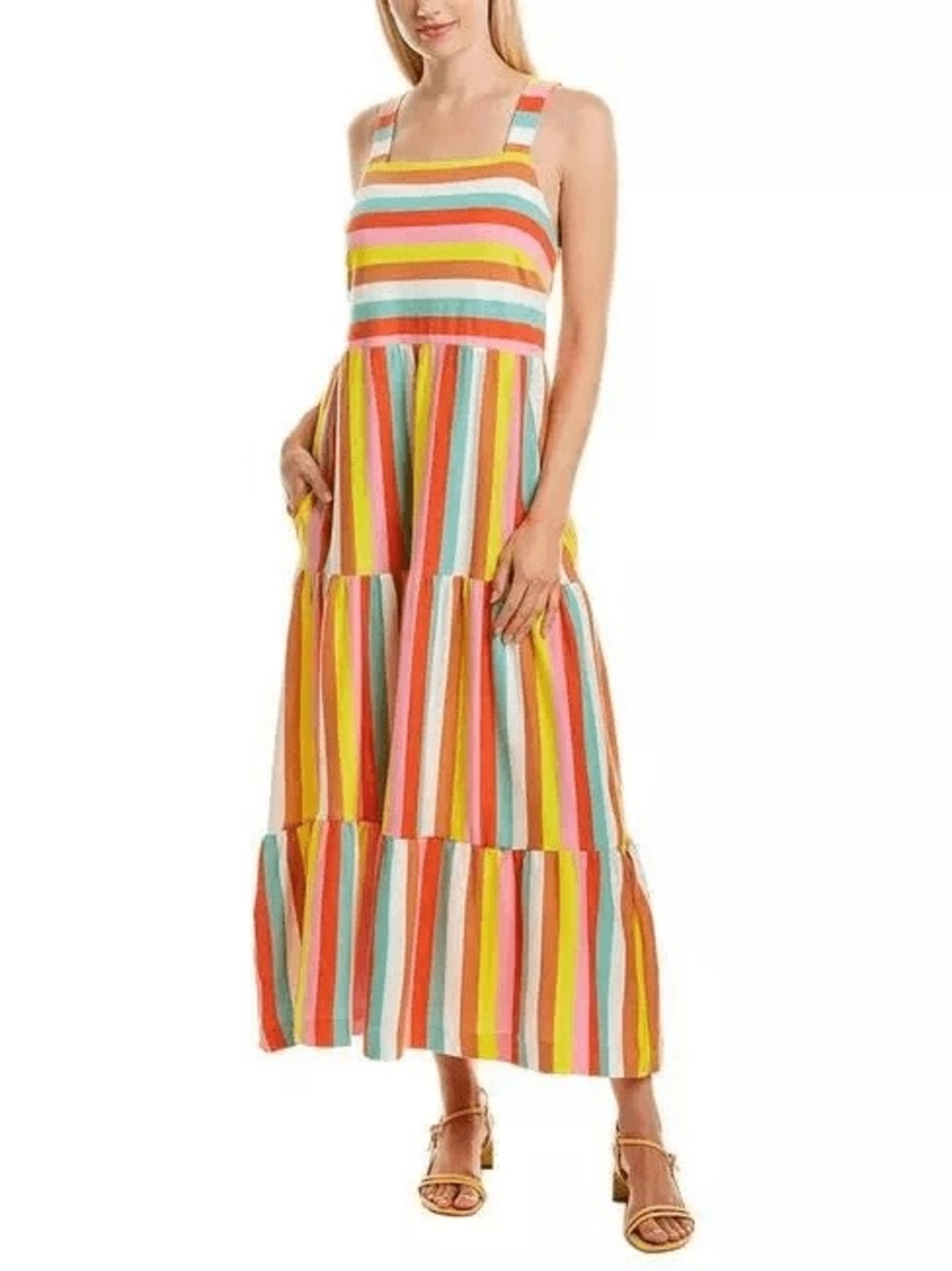 J. Crew Dress XS Rainbow Stripe Tiered Maxi Dopamine Dressing Resortwear
